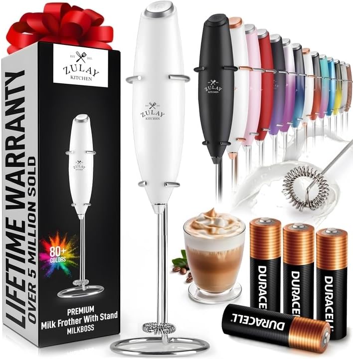 Powerful Milk Frother Wand with 2 Duracell Batteries - Ultra Fast Handheld Drink Mixer - Electric Whisk Foam Maker for Coffee, Lattes, Cappuccino, Matcha, Hot Chocolate & Creamer - Black