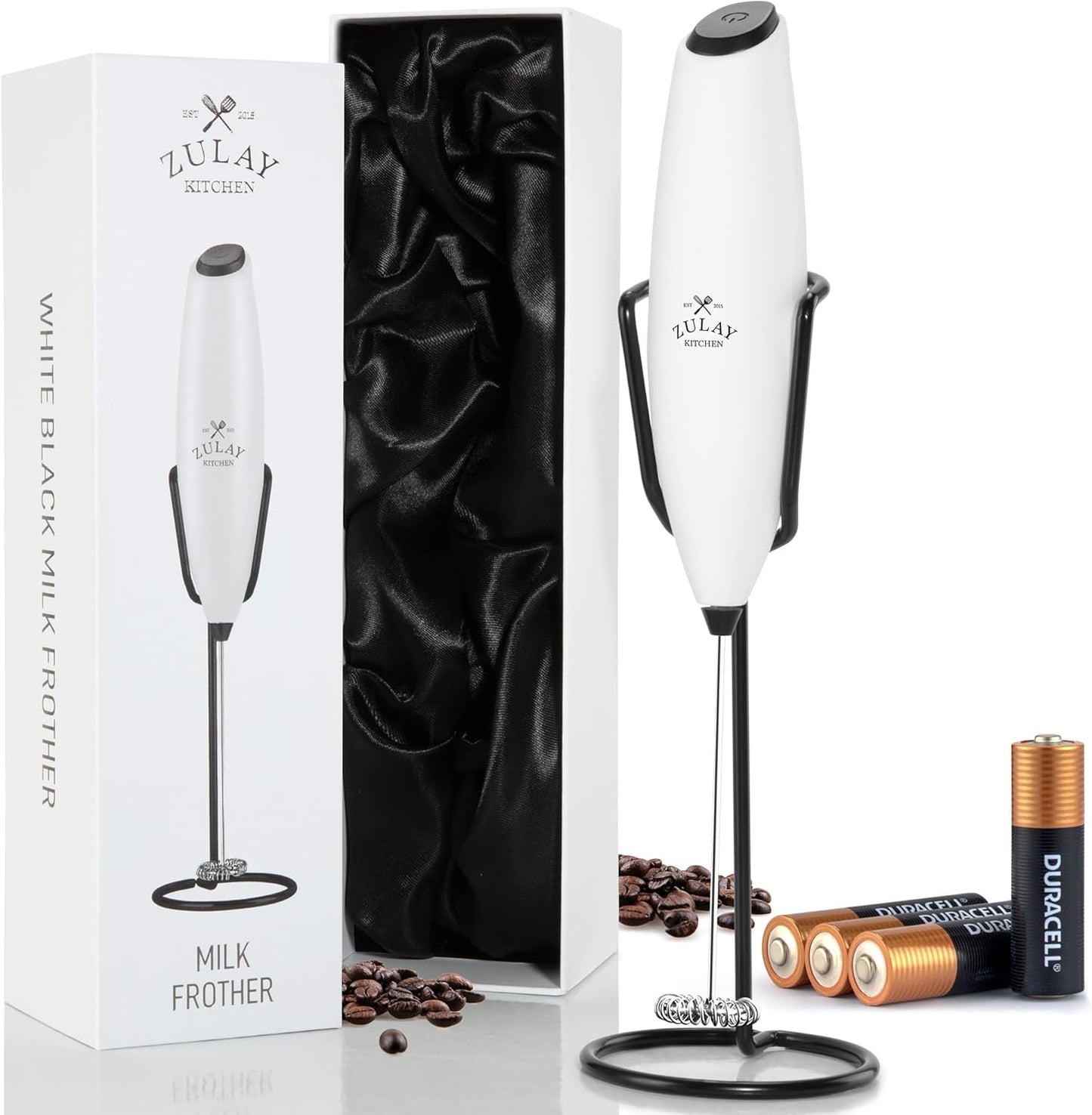 Powerful Milk Frother Wand with 2 Duracell Batteries - Ultra Fast Handheld Drink Mixer - Electric Whisk Foam Maker for Coffee, Lattes, Cappuccino, Matcha, Hot Chocolate & Creamer - Black