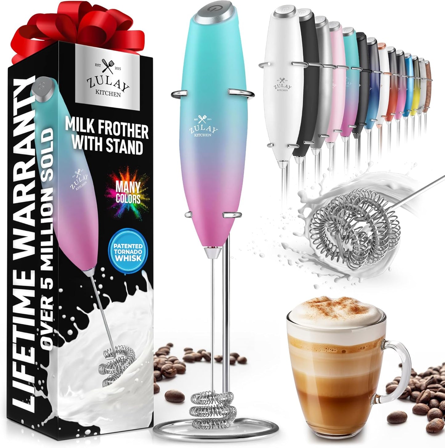 Powerful Milk Frother Wand with 2 Duracell Batteries - Ultra Fast Handheld Drink Mixer - Electric Whisk Foam Maker for Coffee, Lattes, Cappuccino, Matcha, Hot Chocolate & Creamer - Black