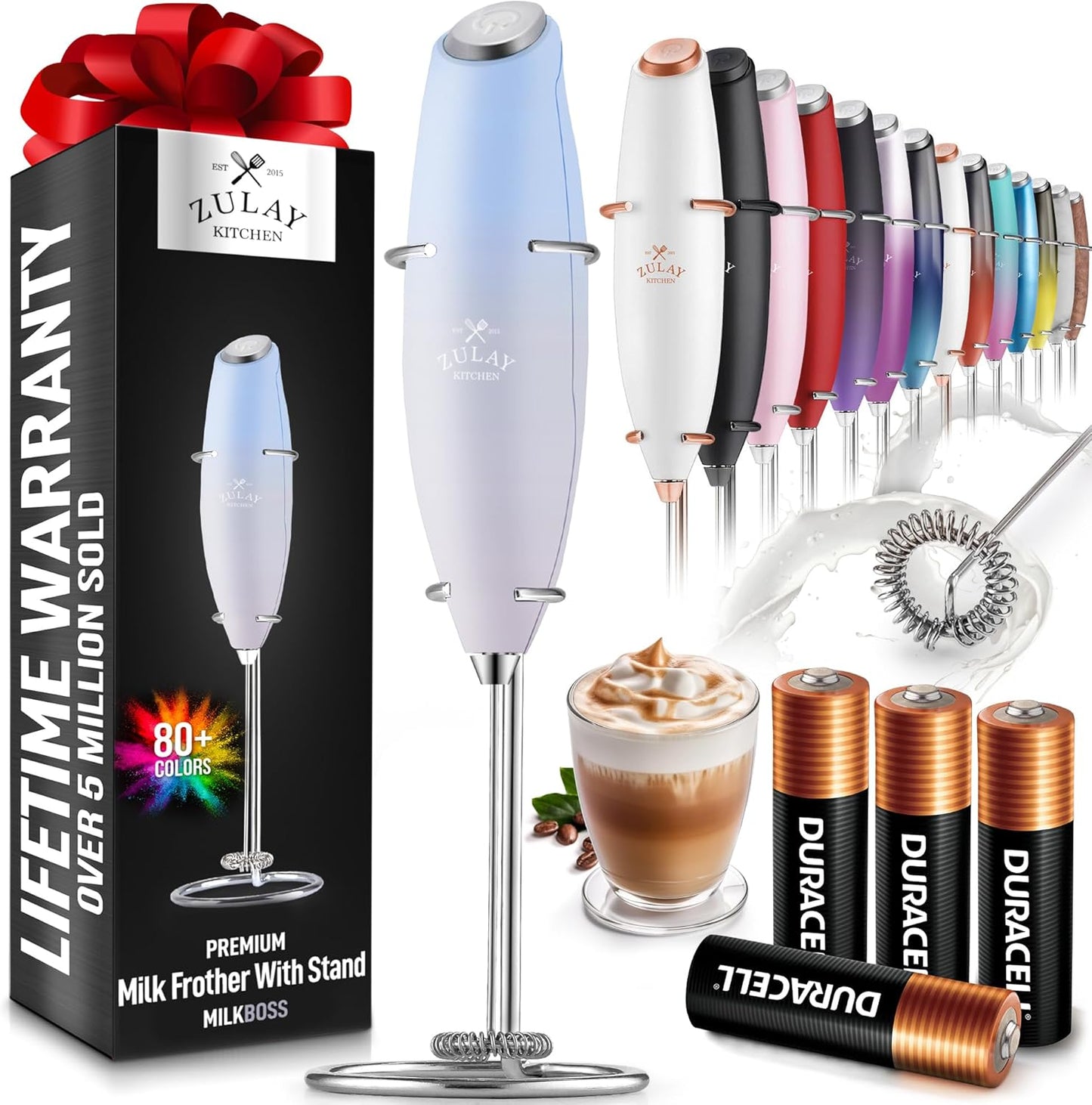 Powerful Milk Frother Wand with 2 Duracell Batteries - Ultra Fast Handheld Drink Mixer - Electric Whisk Foam Maker for Coffee, Lattes, Cappuccino, Matcha, Hot Chocolate & Creamer - Black