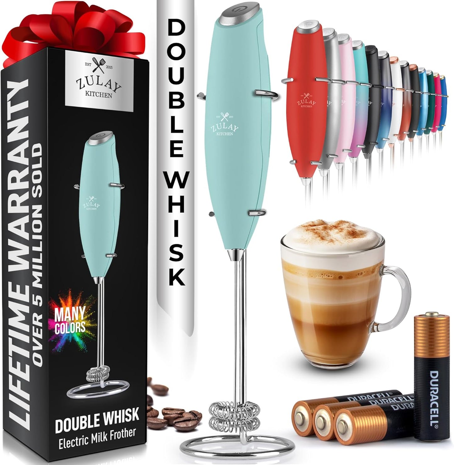 Powerful Milk Frother Wand with 2 Duracell Batteries - Ultra Fast Handheld Drink Mixer - Electric Whisk Foam Maker for Coffee, Lattes, Cappuccino, Matcha, Hot Chocolate & Creamer - Black