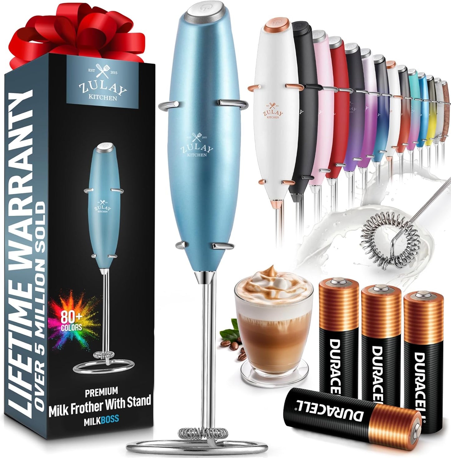 Powerful Milk Frother Wand with 2 Duracell Batteries - Ultra Fast Handheld Drink Mixer - Electric Whisk Foam Maker for Coffee, Lattes, Cappuccino, Matcha, Hot Chocolate & Creamer - Black