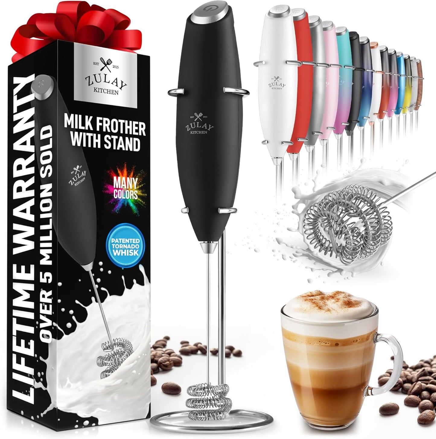 Powerful Milk Frother Wand with 2 Duracell Batteries - Ultra Fast Handheld Drink Mixer - Electric Whisk Foam Maker for Coffee, Lattes, Cappuccino, Matcha, Hot Chocolate & Creamer - Black