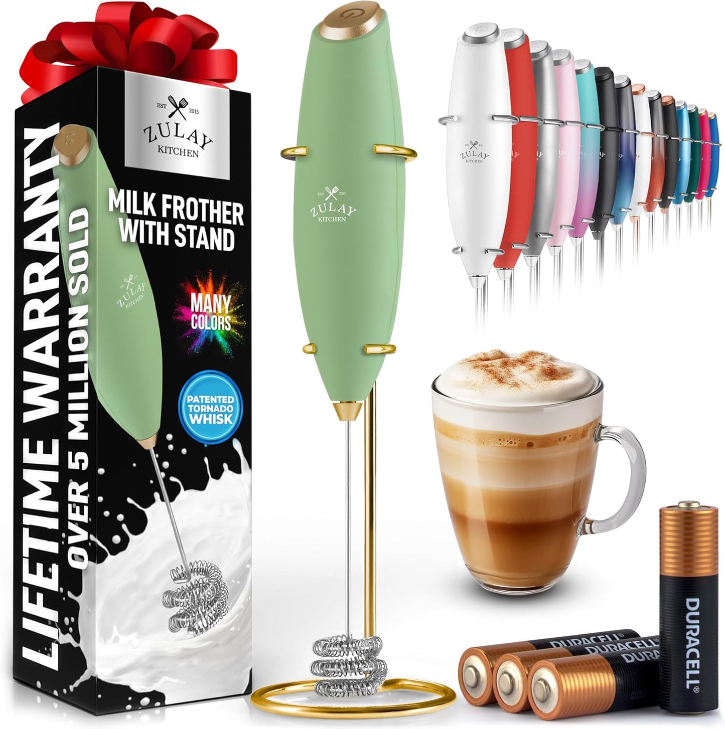 Powerful Milk Frother Wand with 2 Duracell Batteries - Ultra Fast Handheld Drink Mixer - Electric Whisk Foam Maker for Coffee, Lattes, Cappuccino, Matcha, Hot Chocolate & Creamer - Black