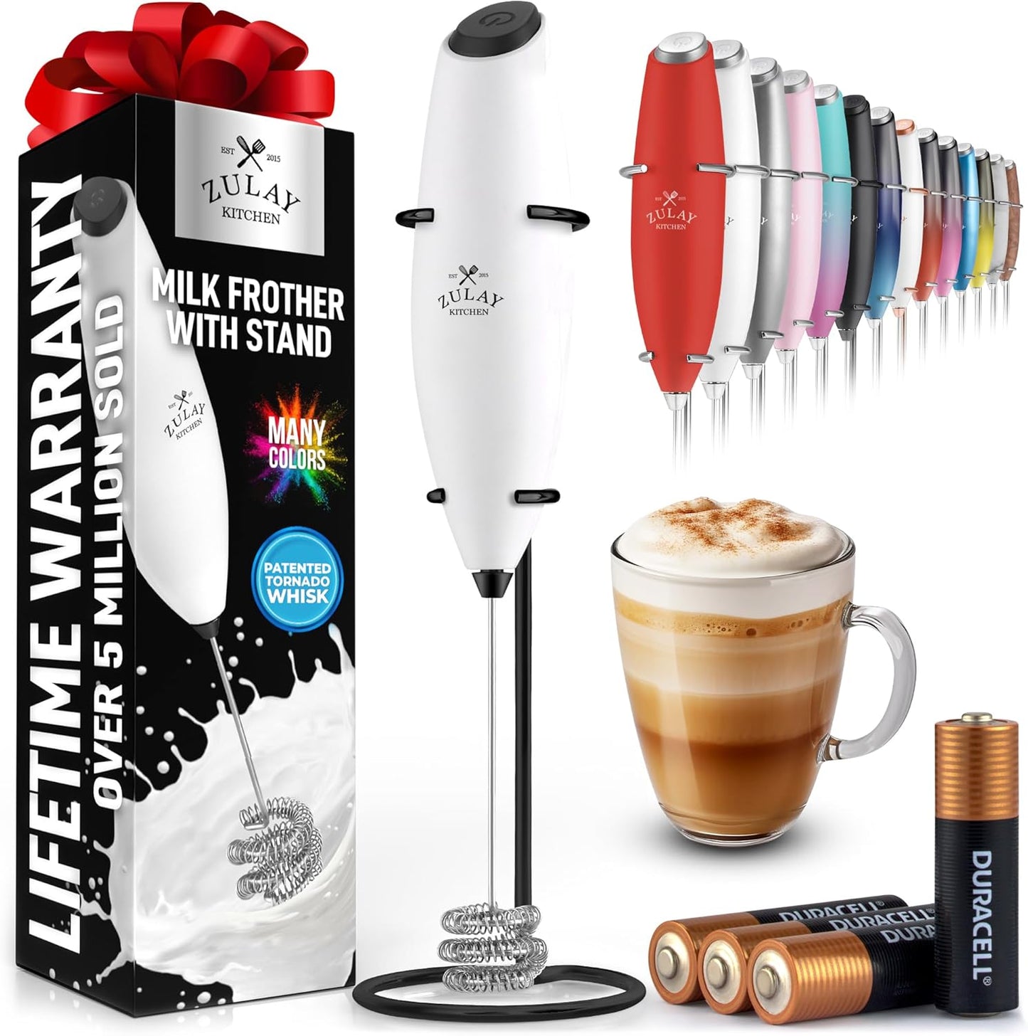 Powerful Milk Frother Wand with 2 Duracell Batteries - Ultra Fast Handheld Drink Mixer - Electric Whisk Foam Maker for Coffee, Lattes, Cappuccino, Matcha, Hot Chocolate & Creamer - Black