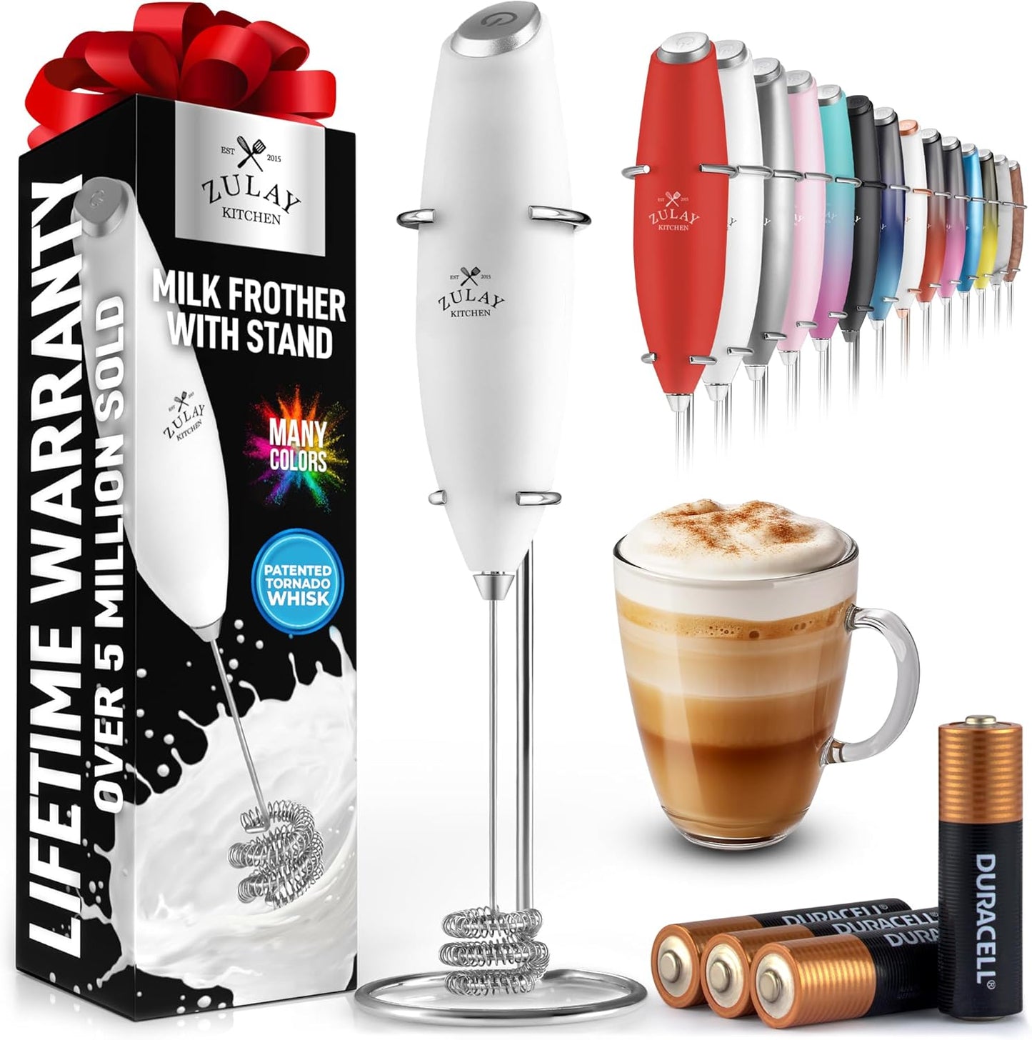 Powerful Milk Frother Wand with 2 Duracell Batteries - Ultra Fast Handheld Drink Mixer - Electric Whisk Foam Maker for Coffee, Lattes, Cappuccino, Matcha, Hot Chocolate & Creamer - Black