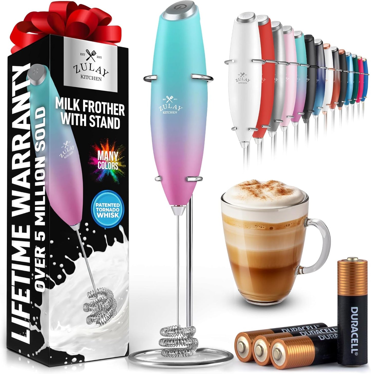 Powerful Milk Frother Wand with 2 Duracell Batteries - Ultra Fast Handheld Drink Mixer - Electric Whisk Foam Maker for Coffee, Lattes, Cappuccino, Matcha, Hot Chocolate & Creamer - Black