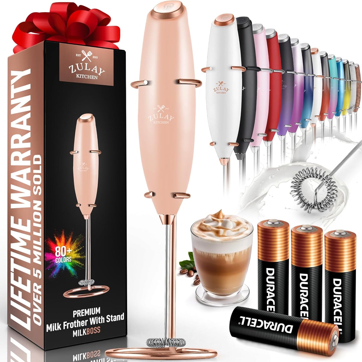 Powerful Milk Frother Wand with 2 Duracell Batteries - Ultra Fast Handheld Drink Mixer - Electric Whisk Foam Maker for Coffee, Lattes, Cappuccino, Matcha, Hot Chocolate & Creamer - Black