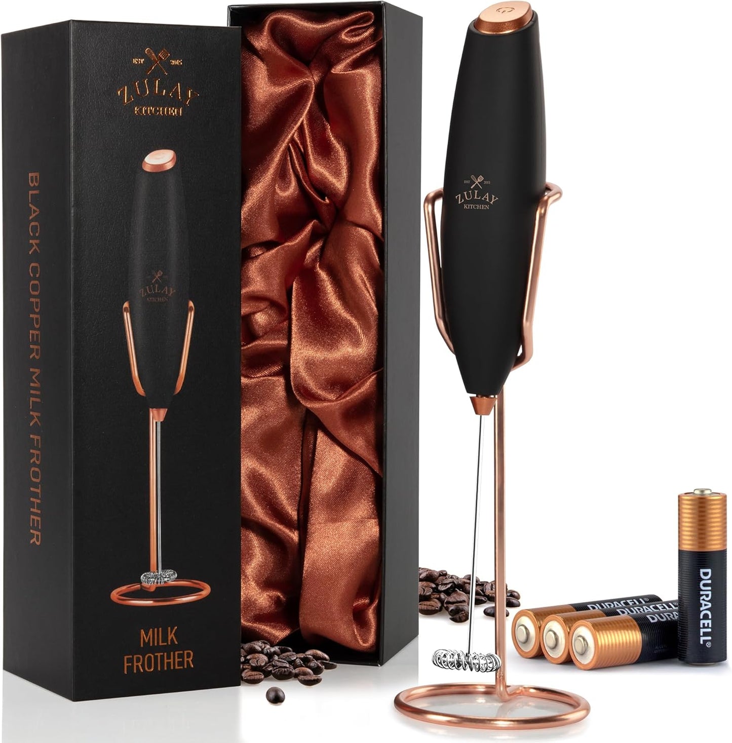 Powerful Milk Frother Wand with 2 Duracell Batteries - Ultra Fast Handheld Drink Mixer - Electric Whisk Foam Maker for Coffee, Lattes, Cappuccino, Matcha, Hot Chocolate & Creamer - Black