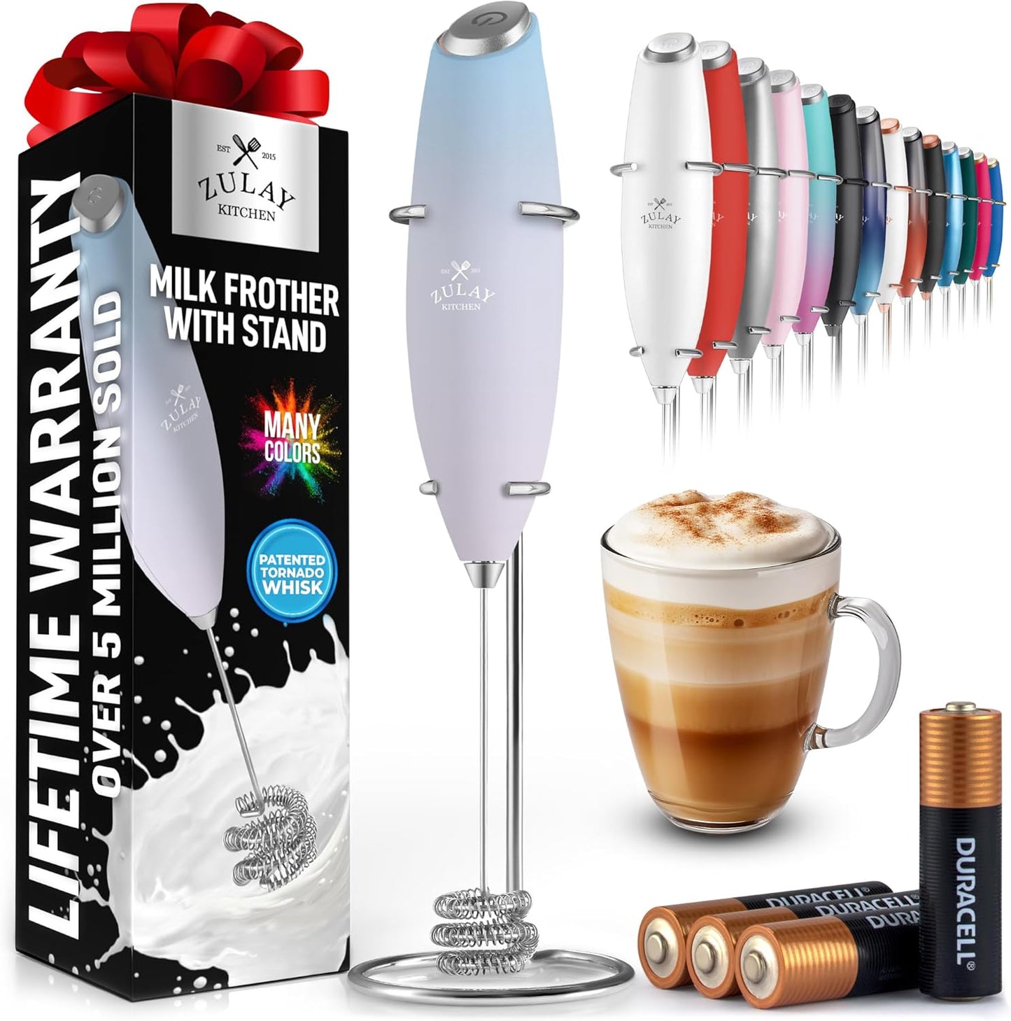 Powerful Milk Frother Wand with 2 Duracell Batteries - Ultra Fast Handheld Drink Mixer - Electric Whisk Foam Maker for Coffee, Lattes, Cappuccino, Matcha, Hot Chocolate & Creamer - Black
