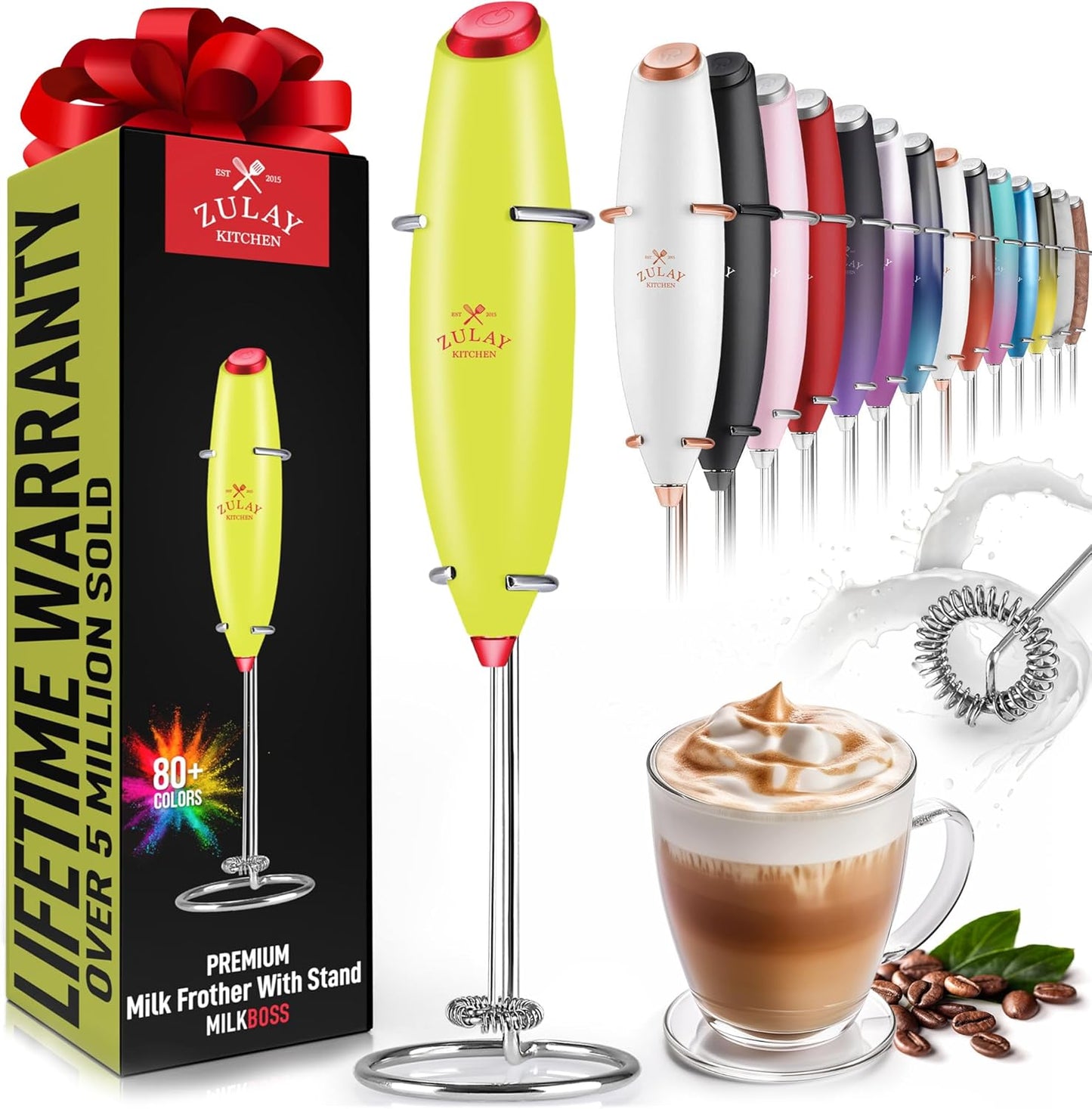 Powerful Milk Frother Wand with 2 Duracell Batteries - Ultra Fast Handheld Drink Mixer - Electric Whisk Foam Maker for Coffee, Lattes, Cappuccino, Matcha, Hot Chocolate & Creamer - Black