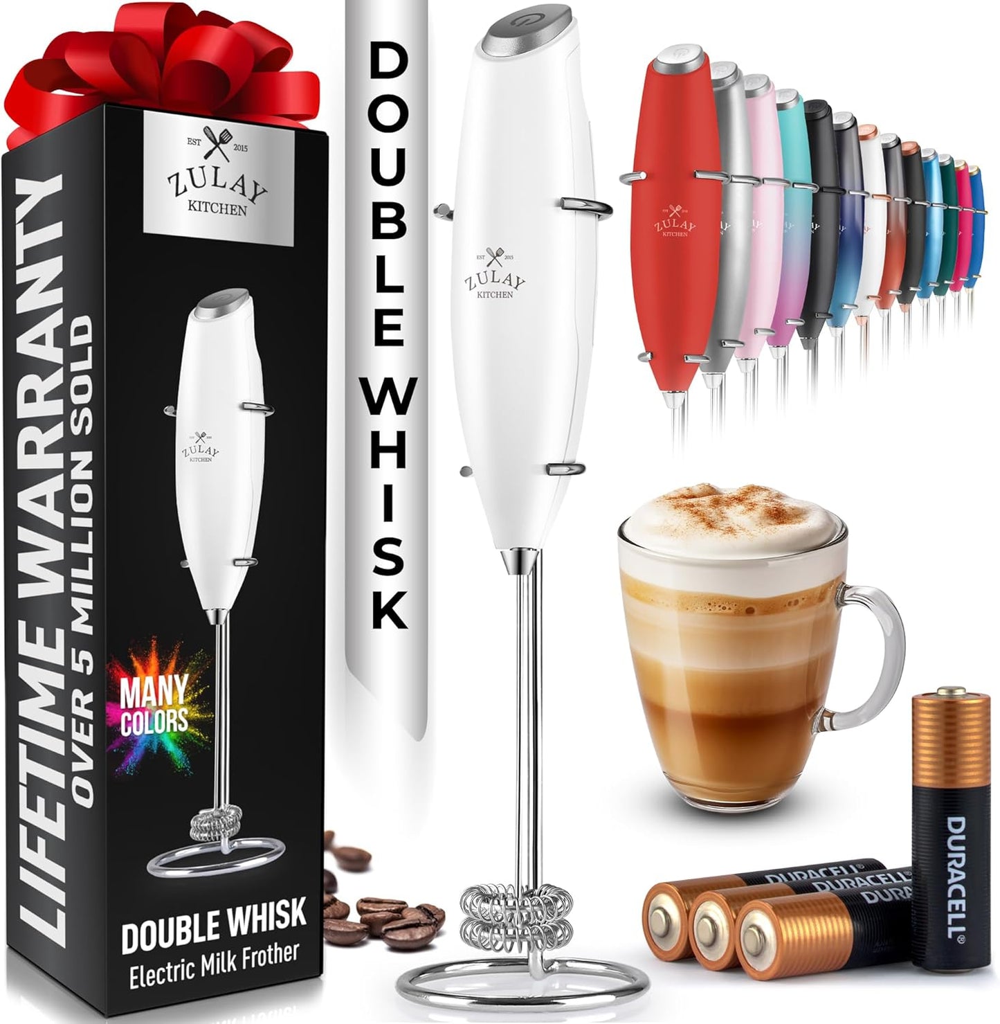 Powerful Milk Frother Wand with 2 Duracell Batteries - Ultra Fast Handheld Drink Mixer - Electric Whisk Foam Maker for Coffee, Lattes, Cappuccino, Matcha, Hot Chocolate & Creamer - Black