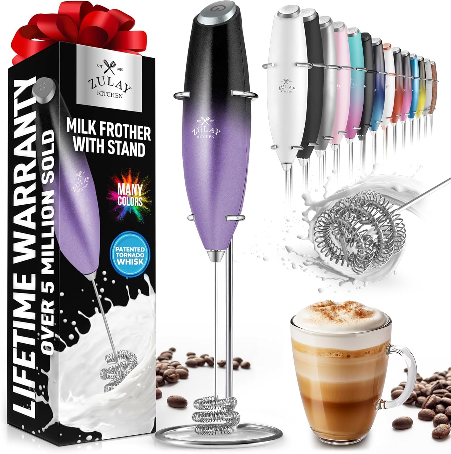 Powerful Milk Frother Wand with 2 Duracell Batteries - Ultra Fast Handheld Drink Mixer - Electric Whisk Foam Maker for Coffee, Lattes, Cappuccino, Matcha, Hot Chocolate & Creamer - Black