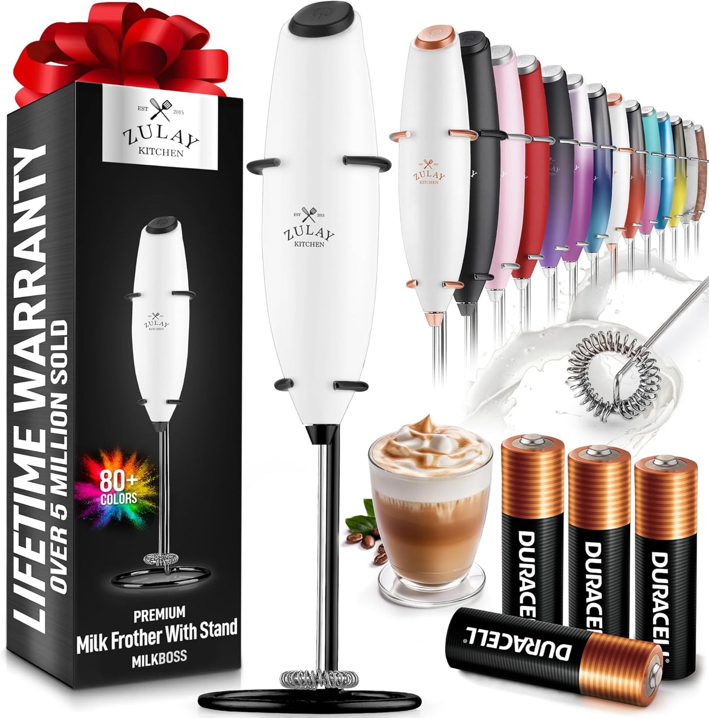 Powerful Milk Frother Wand with 2 Duracell Batteries - Ultra Fast Handheld Drink Mixer - Electric Whisk Foam Maker for Coffee, Lattes, Cappuccino, Matcha, Hot Chocolate & Creamer - Black
