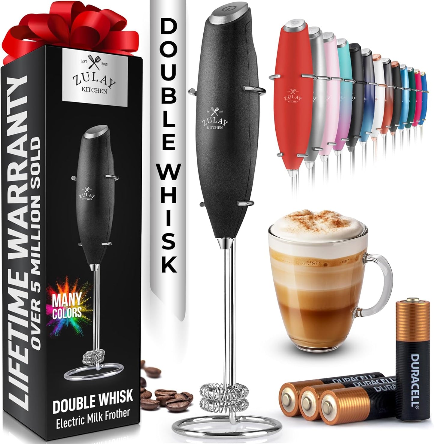 Powerful Milk Frother Wand with 2 Duracell Batteries - Ultra Fast Handheld Drink Mixer - Electric Whisk Foam Maker for Coffee, Lattes, Cappuccino, Matcha, Hot Chocolate & Creamer - Black