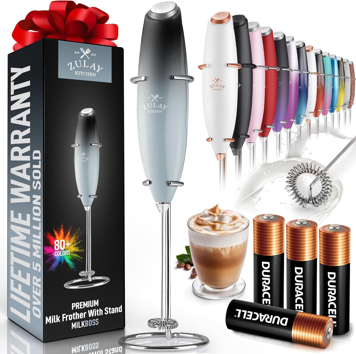 Powerful Milk Frother Wand with 2 Duracell Batteries - Ultra Fast Handheld Drink Mixer - Electric Whisk Foam Maker for Coffee, Lattes, Cappuccino, Matcha, Hot Chocolate & Creamer - Black