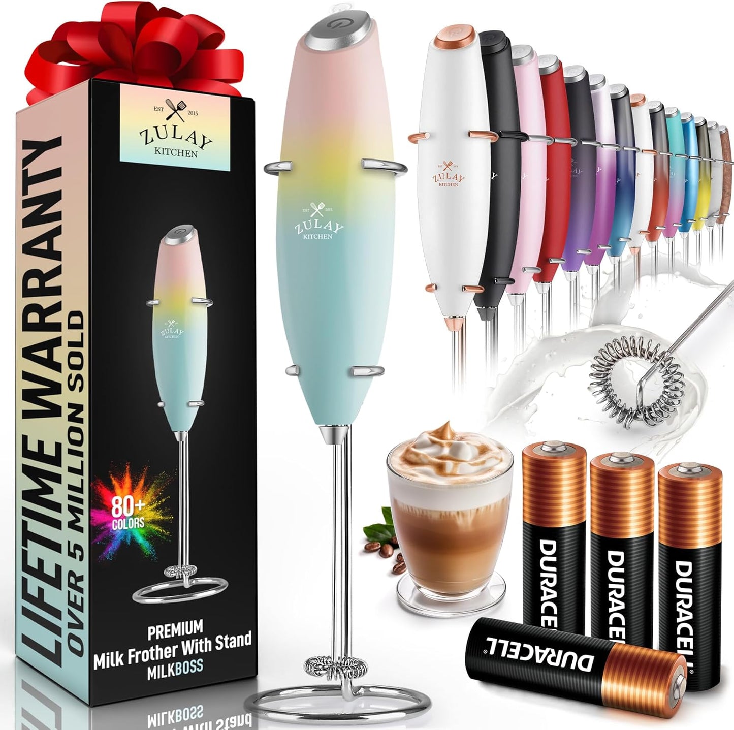 Powerful Milk Frother Wand with 2 Duracell Batteries - Ultra Fast Handheld Drink Mixer - Electric Whisk Foam Maker for Coffee, Lattes, Cappuccino, Matcha, Hot Chocolate & Creamer - Black