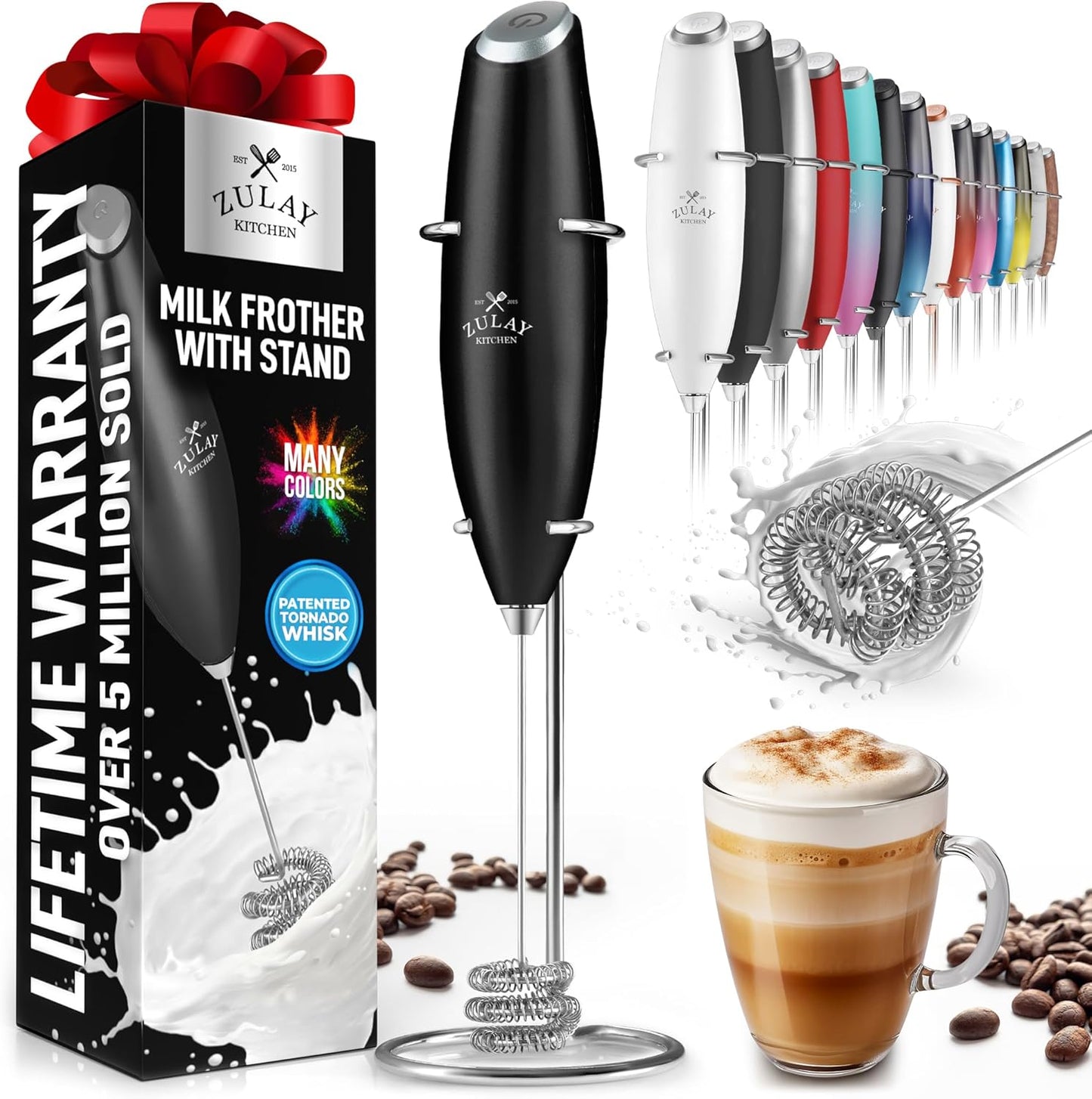 Powerful Milk Frother Wand with 2 Duracell Batteries - Ultra Fast Handheld Drink Mixer - Electric Whisk Foam Maker for Coffee, Lattes, Cappuccino, Matcha, Hot Chocolate & Creamer - Black