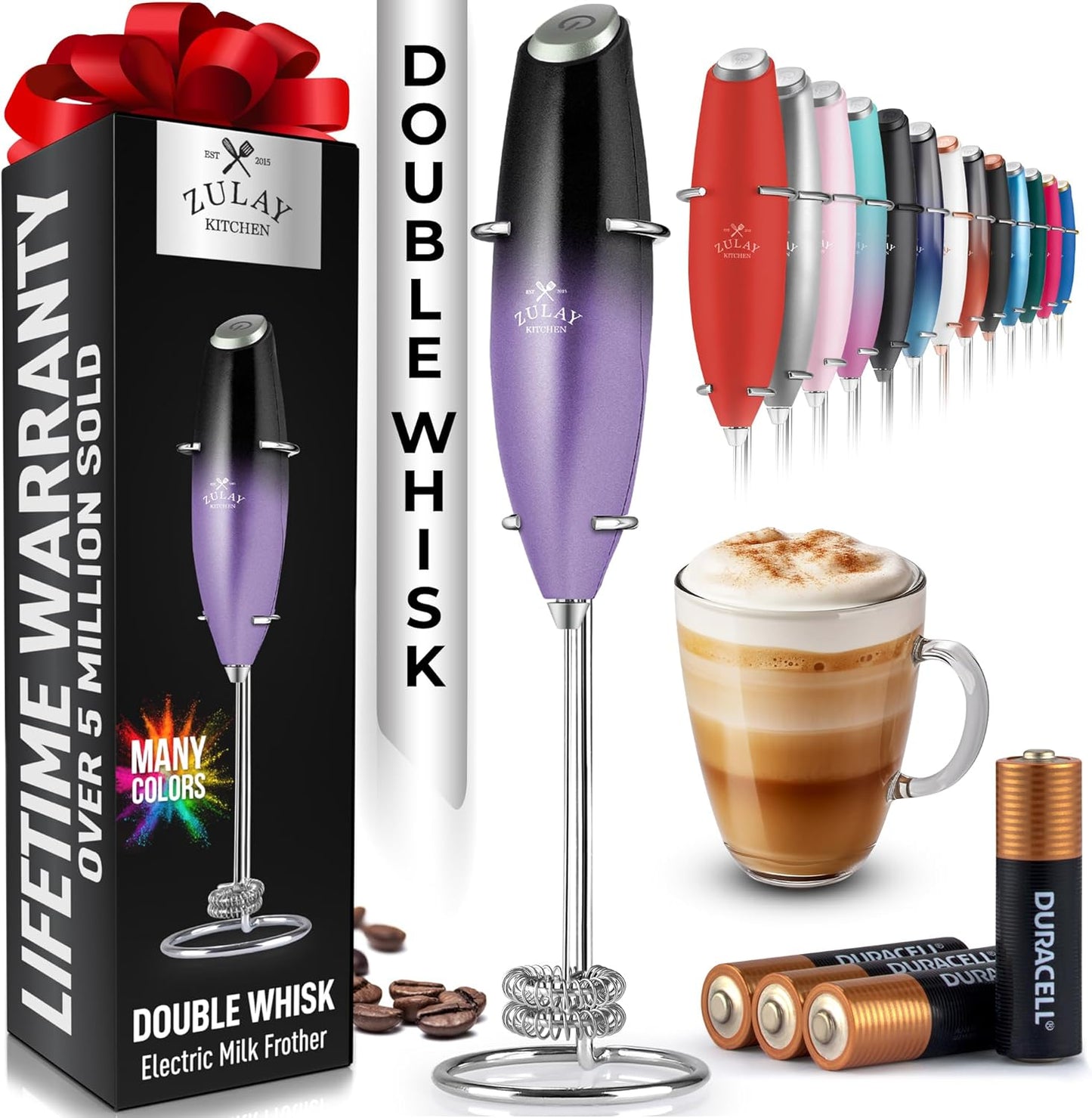 Powerful Milk Frother Wand with 2 Duracell Batteries - Ultra Fast Handheld Drink Mixer - Electric Whisk Foam Maker for Coffee, Lattes, Cappuccino, Matcha, Hot Chocolate & Creamer - Black