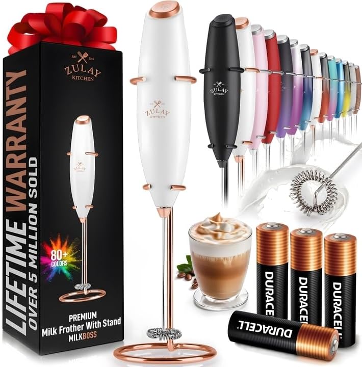 Powerful Milk Frother Wand with 2 Duracell Batteries - Ultra Fast Handheld Drink Mixer - Electric Whisk Foam Maker for Coffee, Lattes, Cappuccino, Matcha, Hot Chocolate & Creamer - Black