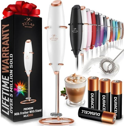 Powerful Milk Frother Wand with 2 Duracell Batteries - Ultra Fast Handheld Drink Mixer - Electric Whisk Foam Maker for Coffee, Lattes, Cappuccino, Matcha, Hot Chocolate & Creamer - Black