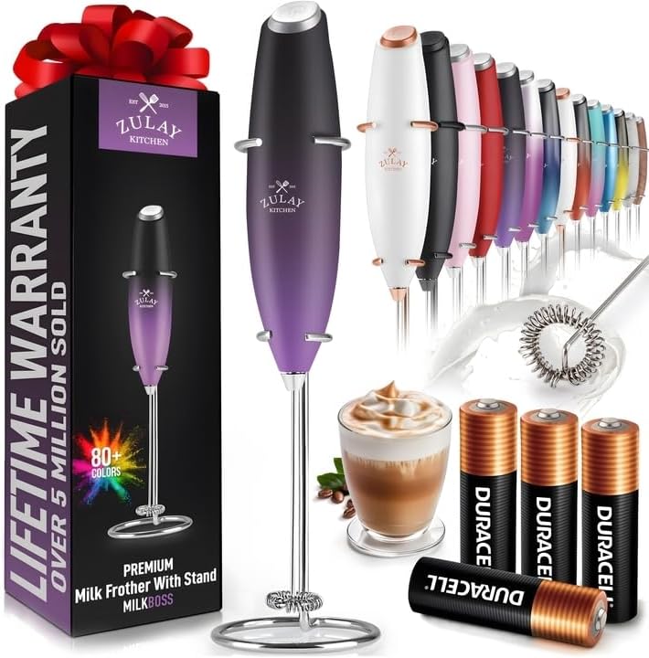 Powerful Milk Frother Wand with 2 Duracell Batteries - Ultra Fast Handheld Drink Mixer - Electric Whisk Foam Maker for Coffee, Lattes, Cappuccino, Matcha, Hot Chocolate & Creamer - Black