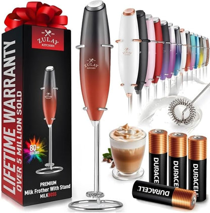 Powerful Milk Frother Wand with 2 Duracell Batteries - Ultra Fast Handheld Drink Mixer - Electric Whisk Foam Maker for Coffee, Lattes, Cappuccino, Matcha, Hot Chocolate & Creamer - Black