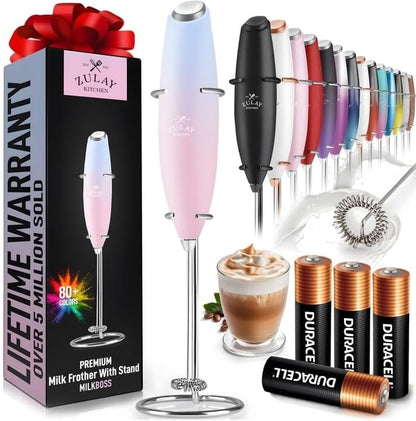 Powerful Milk Frother Wand with 2 Duracell Batteries - Ultra Fast Handheld Drink Mixer - Electric Whisk Foam Maker for Coffee, Lattes, Cappuccino, Matcha, Hot Chocolate & Creamer - Black