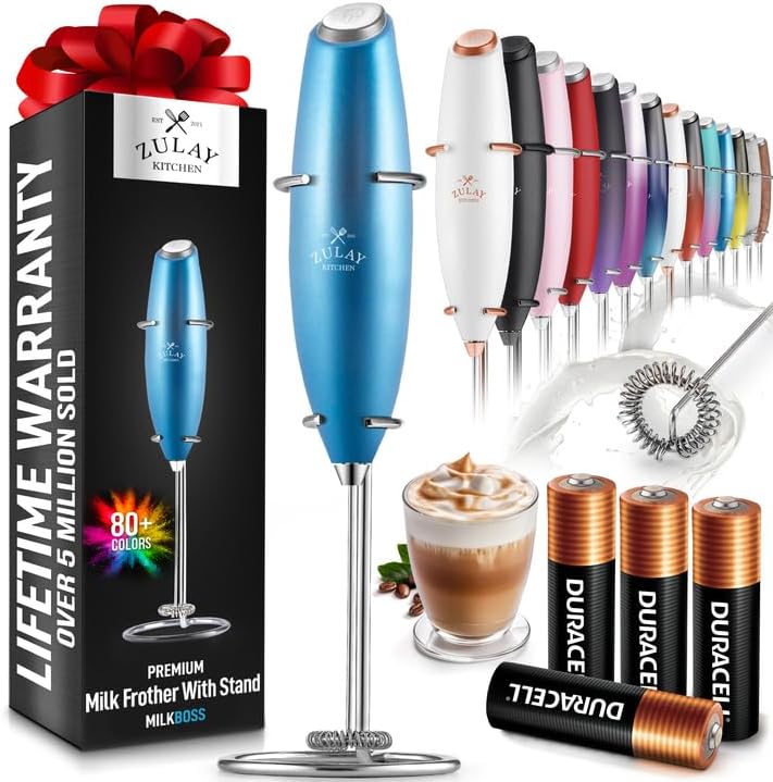 Powerful Milk Frother Wand with 2 Duracell Batteries - Ultra Fast Handheld Drink Mixer - Electric Whisk Foam Maker for Coffee, Lattes, Cappuccino, Matcha, Hot Chocolate & Creamer - Black