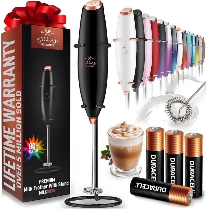 Powerful Milk Frother Wand with 2 Duracell Batteries - Ultra Fast Handheld Drink Mixer - Electric Whisk Foam Maker for Coffee, Lattes, Cappuccino, Matcha, Hot Chocolate & Creamer - Black