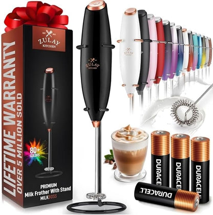 Powerful Milk Frother Wand with 2 Duracell Batteries - Ultra Fast Handheld Drink Mixer - Electric Whisk Foam Maker for Coffee, Lattes, Cappuccino, Matcha, Hot Chocolate & Creamer - Black