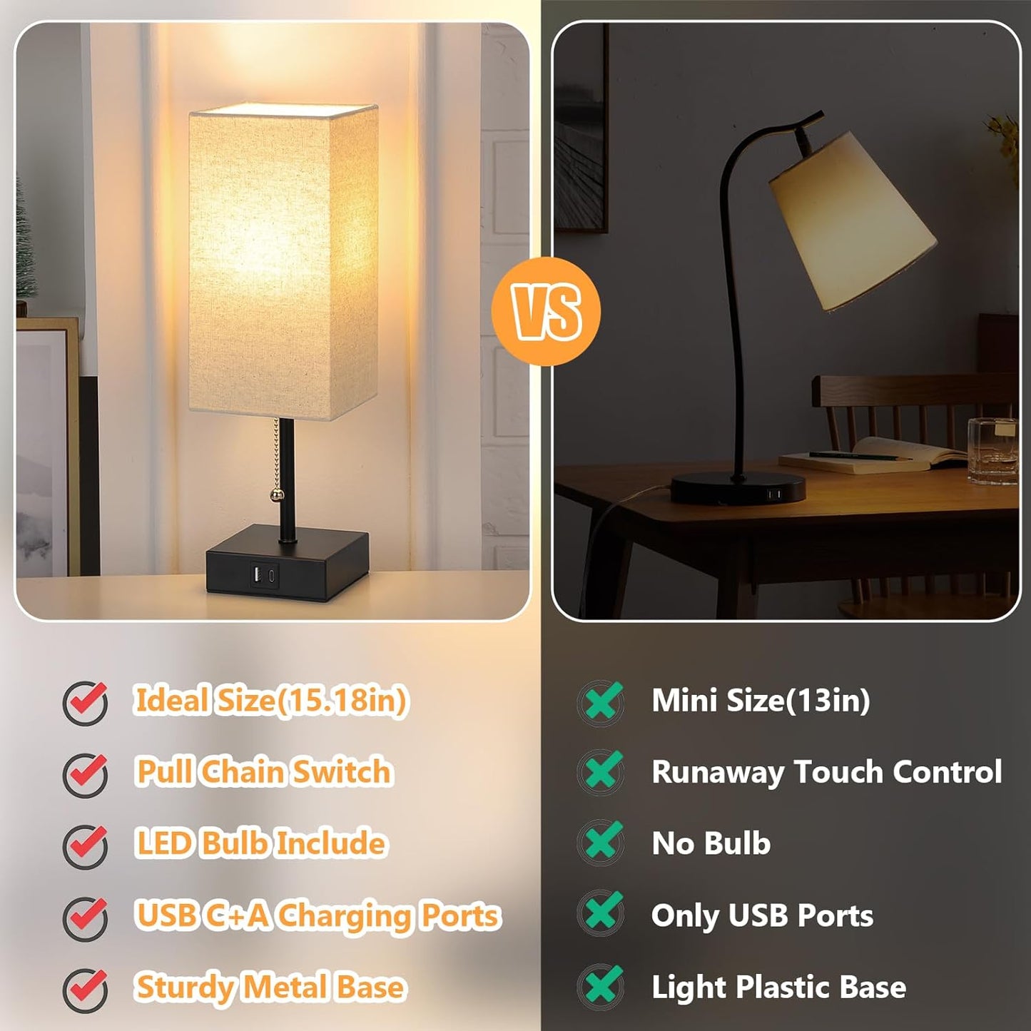 Bedside Table Lamp with USB Ports