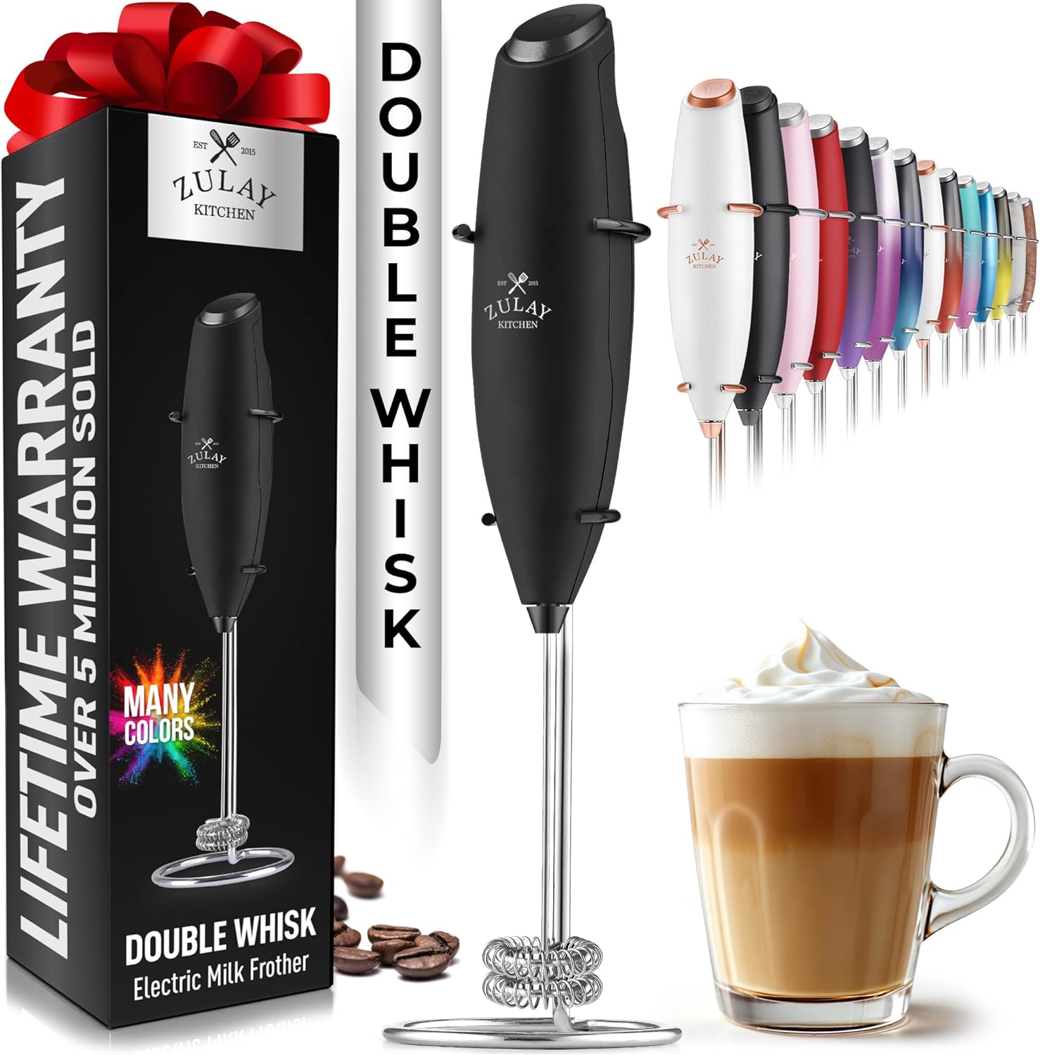 Powerful Milk Frother Wand with 2 Duracell Batteries - Ultra Fast Handheld Drink Mixer - Electric Whisk Foam Maker for Coffee, Lattes, Cappuccino, Matcha, Hot Chocolate & Creamer - Black