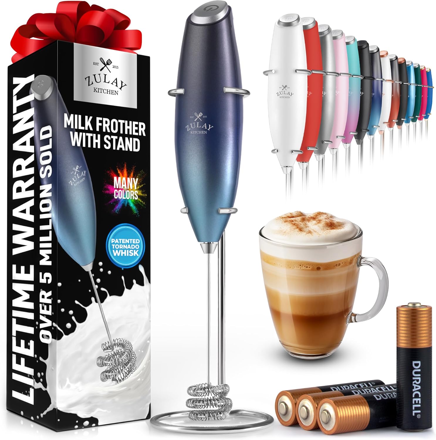 Powerful Milk Frother Wand with 2 Duracell Batteries - Ultra Fast Handheld Drink Mixer - Electric Whisk Foam Maker for Coffee, Lattes, Cappuccino, Matcha, Hot Chocolate & Creamer - Black