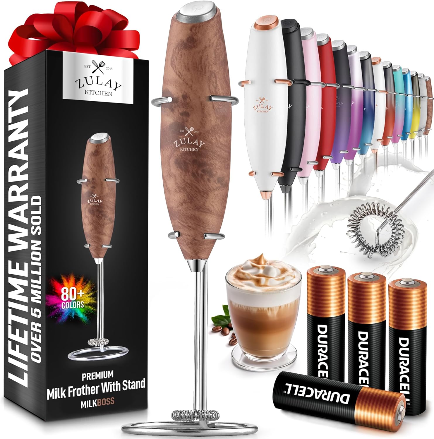 Powerful Milk Frother Wand with 2 Duracell Batteries - Ultra Fast Handheld Drink Mixer - Electric Whisk Foam Maker for Coffee, Lattes, Cappuccino, Matcha, Hot Chocolate & Creamer - Black