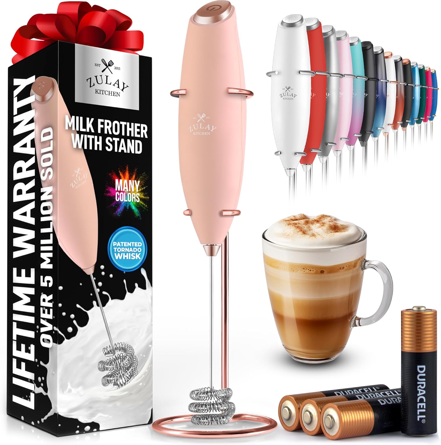 Powerful Milk Frother Wand with 2 Duracell Batteries - Ultra Fast Handheld Drink Mixer - Electric Whisk Foam Maker for Coffee, Lattes, Cappuccino, Matcha, Hot Chocolate & Creamer - Black