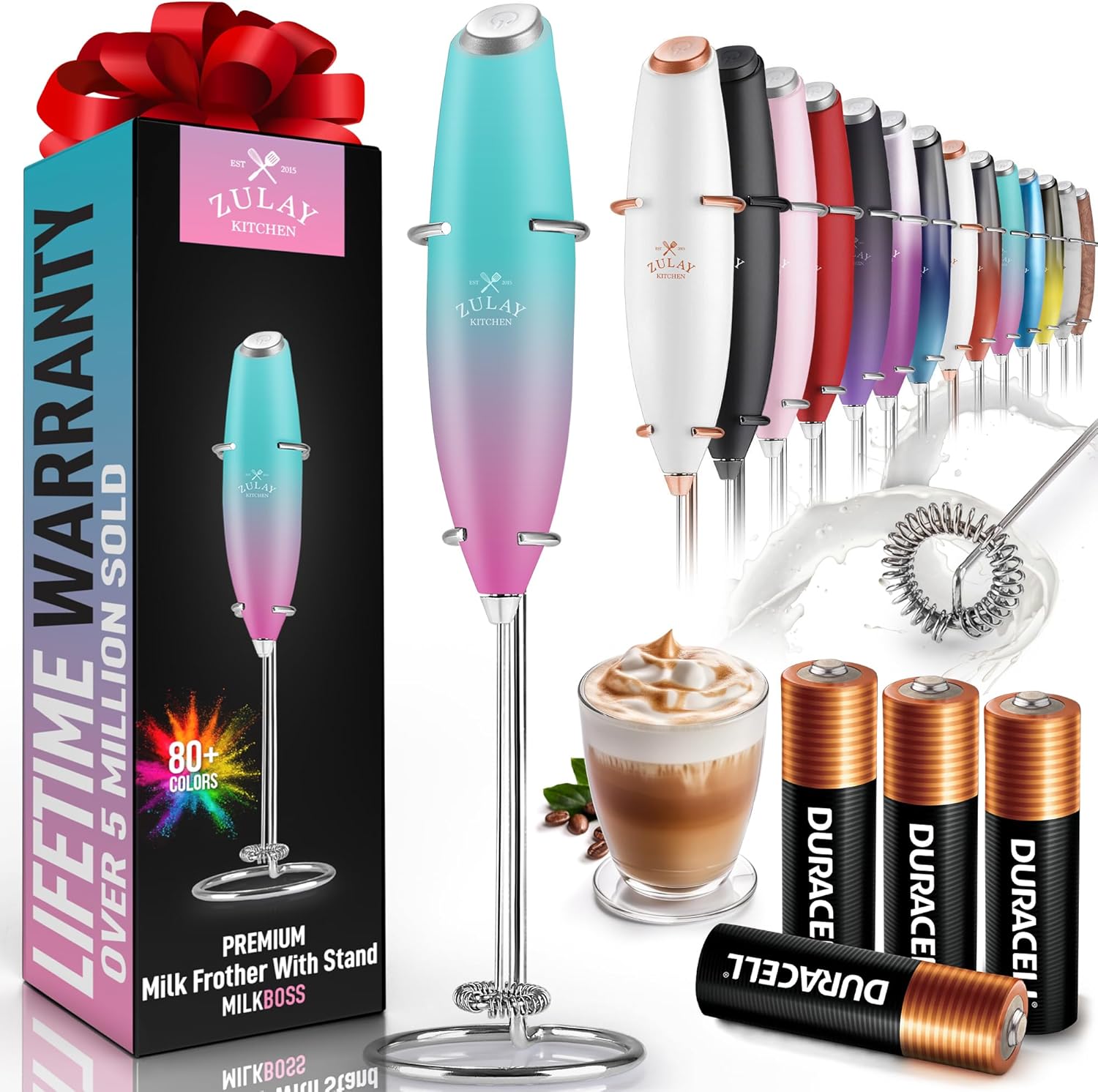 Powerful Milk Frother Wand with 2 Duracell Batteries - Ultra Fast Handheld Drink Mixer - Electric Whisk Foam Maker for Coffee, Lattes, Cappuccino, Matcha, Hot Chocolate & Creamer - Black