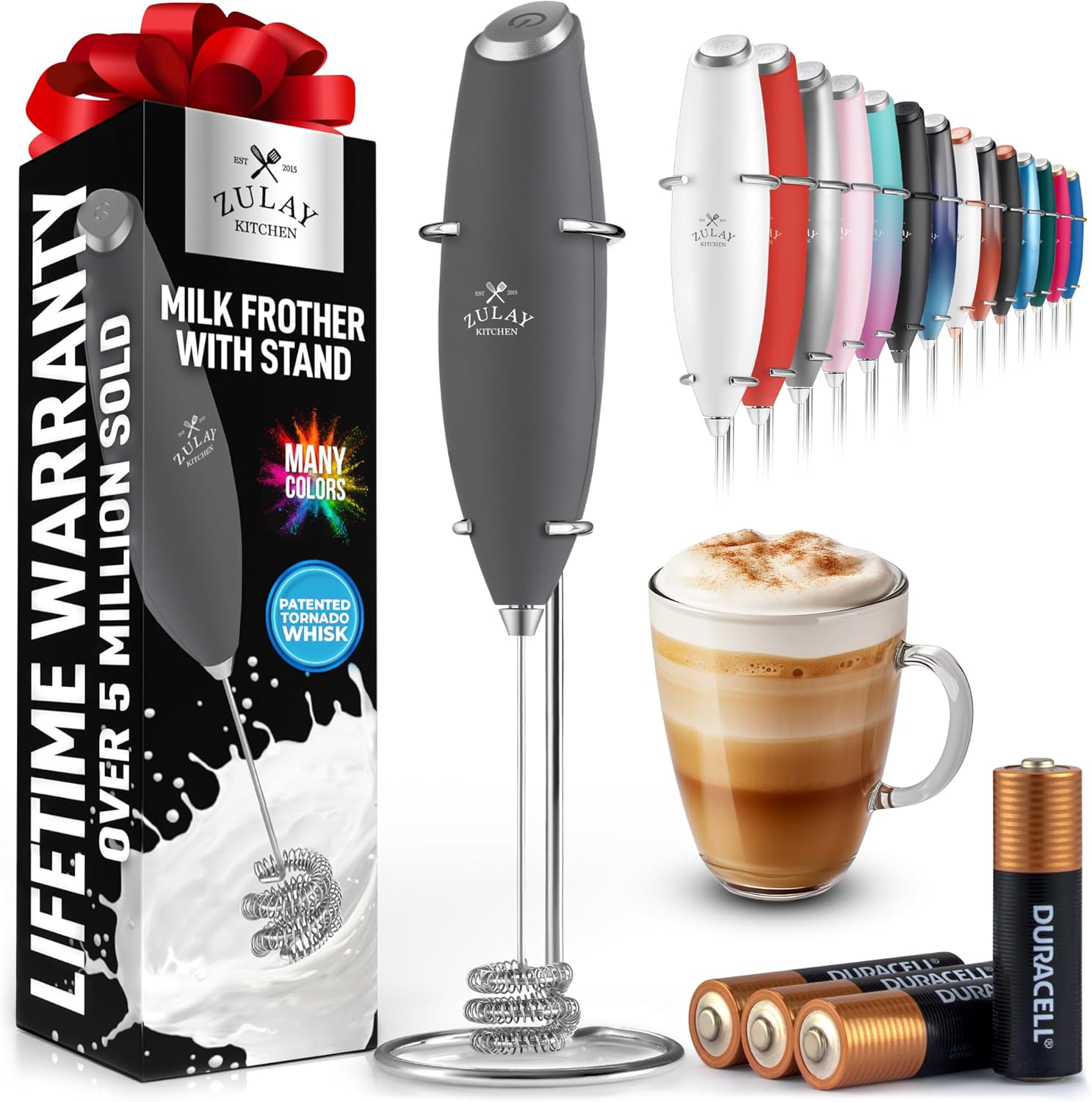 Powerful Milk Frother Wand with 2 Duracell Batteries - Ultra Fast Handheld Drink Mixer - Electric Whisk Foam Maker for Coffee, Lattes, Cappuccino, Matcha, Hot Chocolate & Creamer - Black