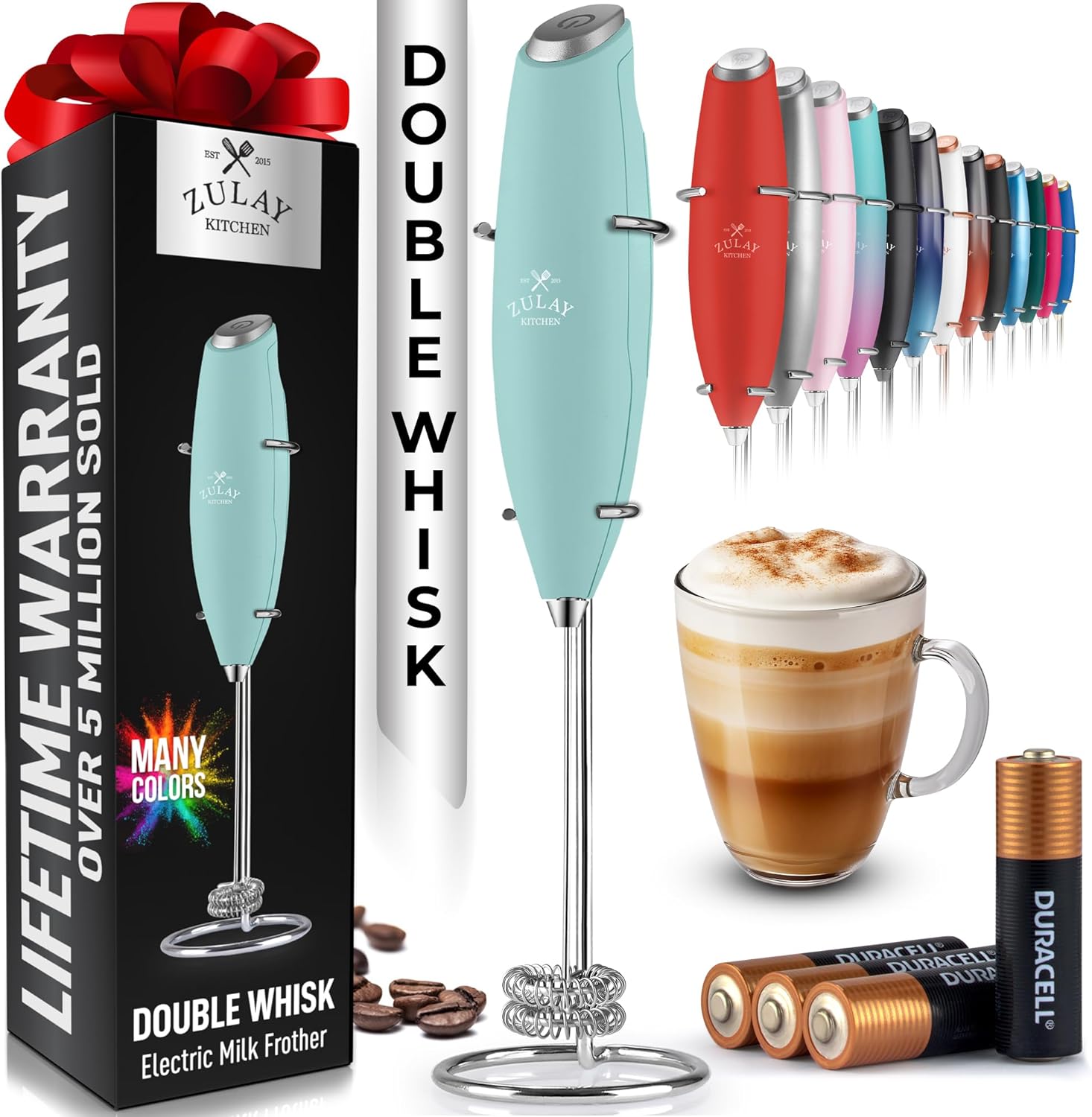 Powerful Milk Frother Wand with 2 Duracell Batteries - Ultra Fast Handheld Drink Mixer - Electric Whisk Foam Maker for Coffee, Lattes, Cappuccino, Matcha, Hot Chocolate & Creamer - Black