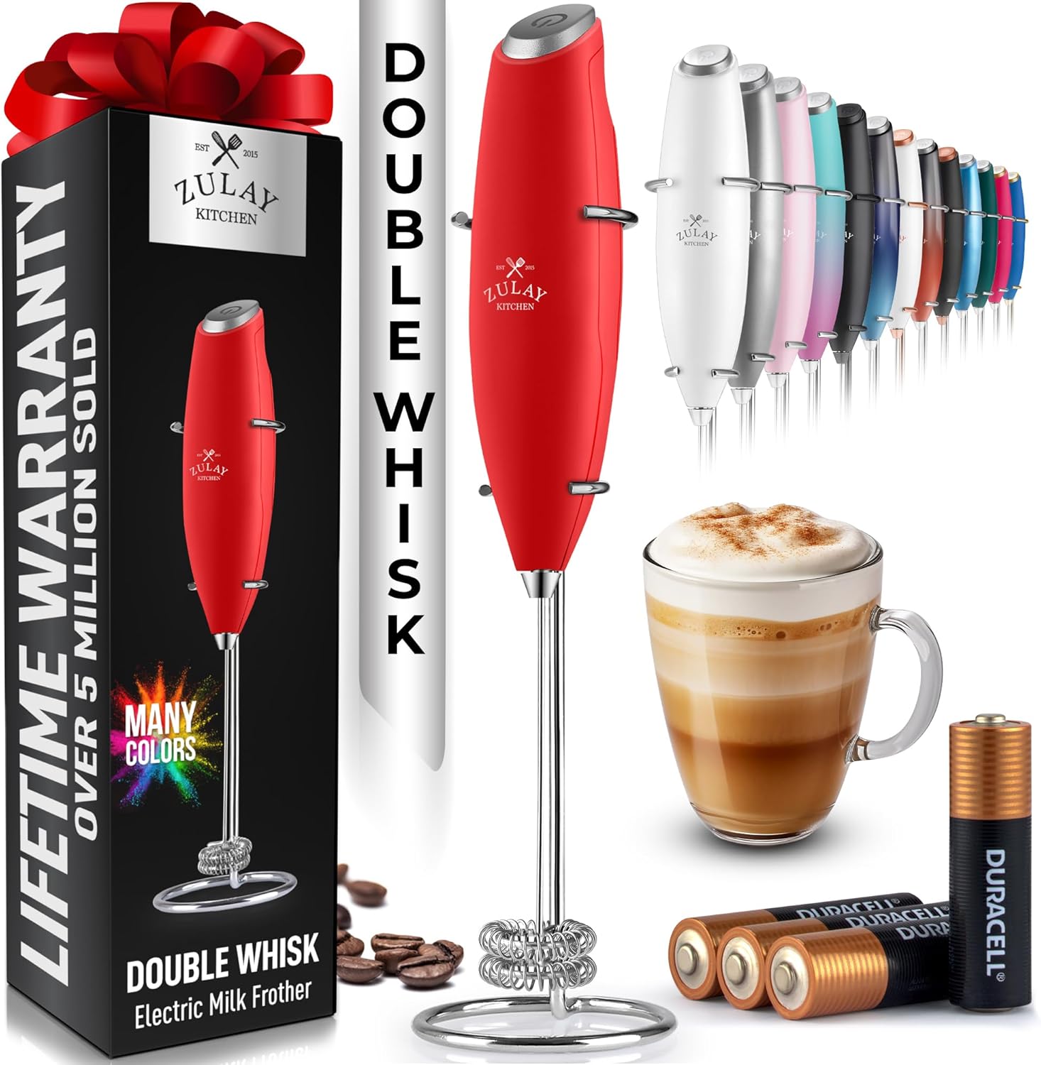 Powerful Milk Frother Wand with 2 Duracell Batteries - Ultra Fast Handheld Drink Mixer - Electric Whisk Foam Maker for Coffee, Lattes, Cappuccino, Matcha, Hot Chocolate & Creamer - Black