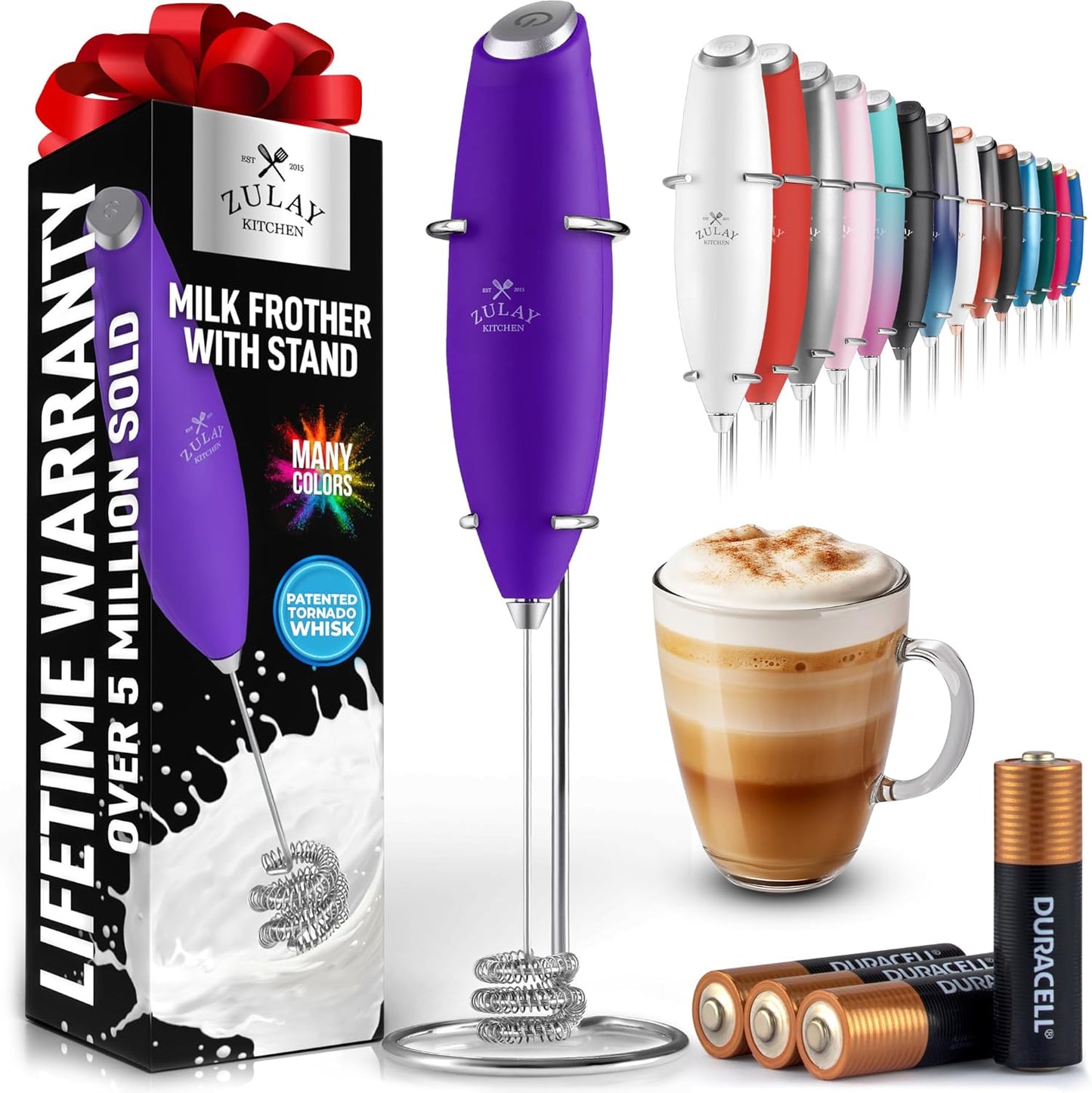 Powerful Milk Frother Wand with 2 Duracell Batteries - Ultra Fast Handheld Drink Mixer - Electric Whisk Foam Maker for Coffee, Lattes, Cappuccino, Matcha, Hot Chocolate & Creamer - Black