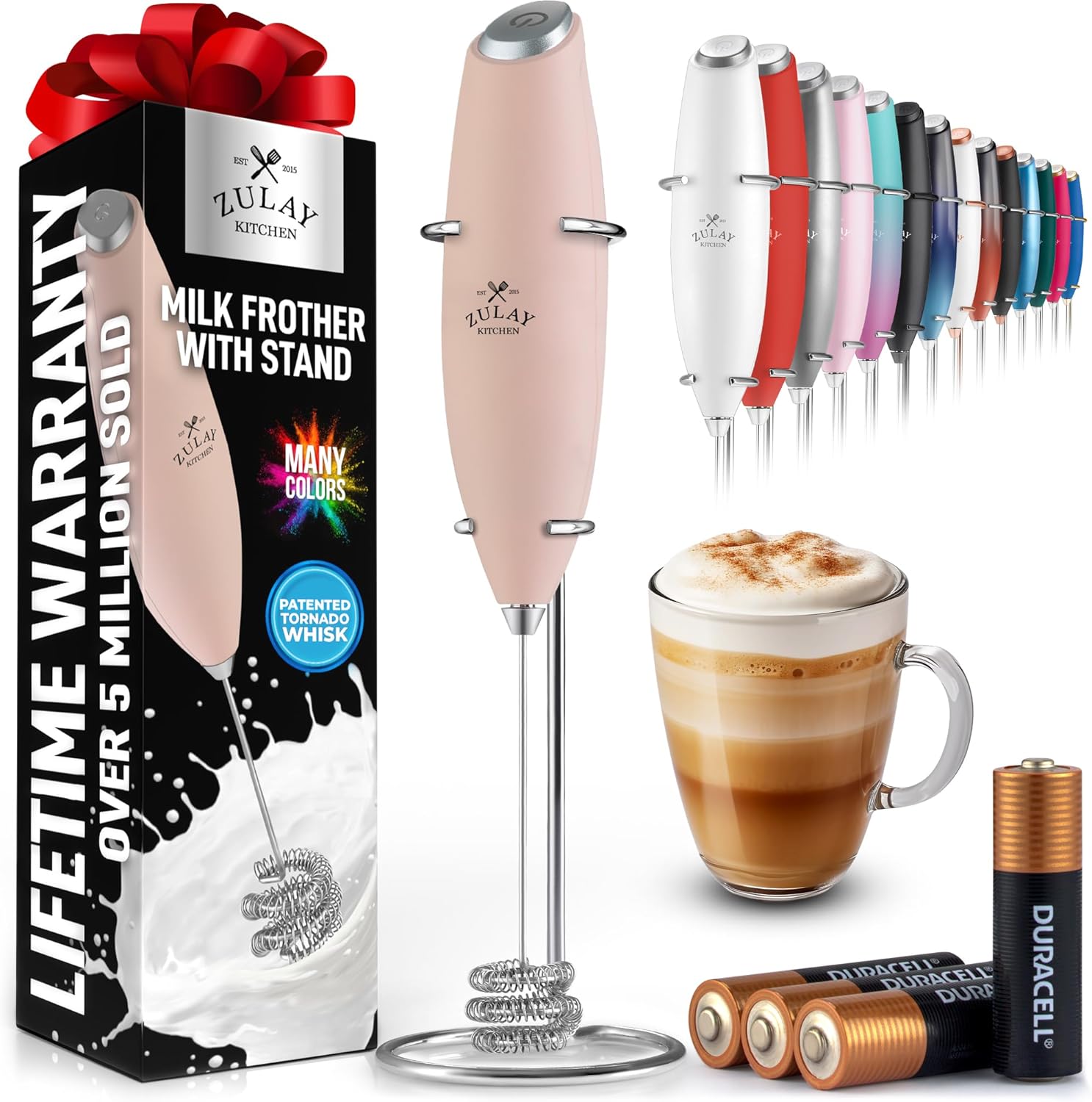 Powerful Milk Frother Wand with 2 Duracell Batteries - Ultra Fast Handheld Drink Mixer - Electric Whisk Foam Maker for Coffee, Lattes, Cappuccino, Matcha, Hot Chocolate & Creamer - Black
