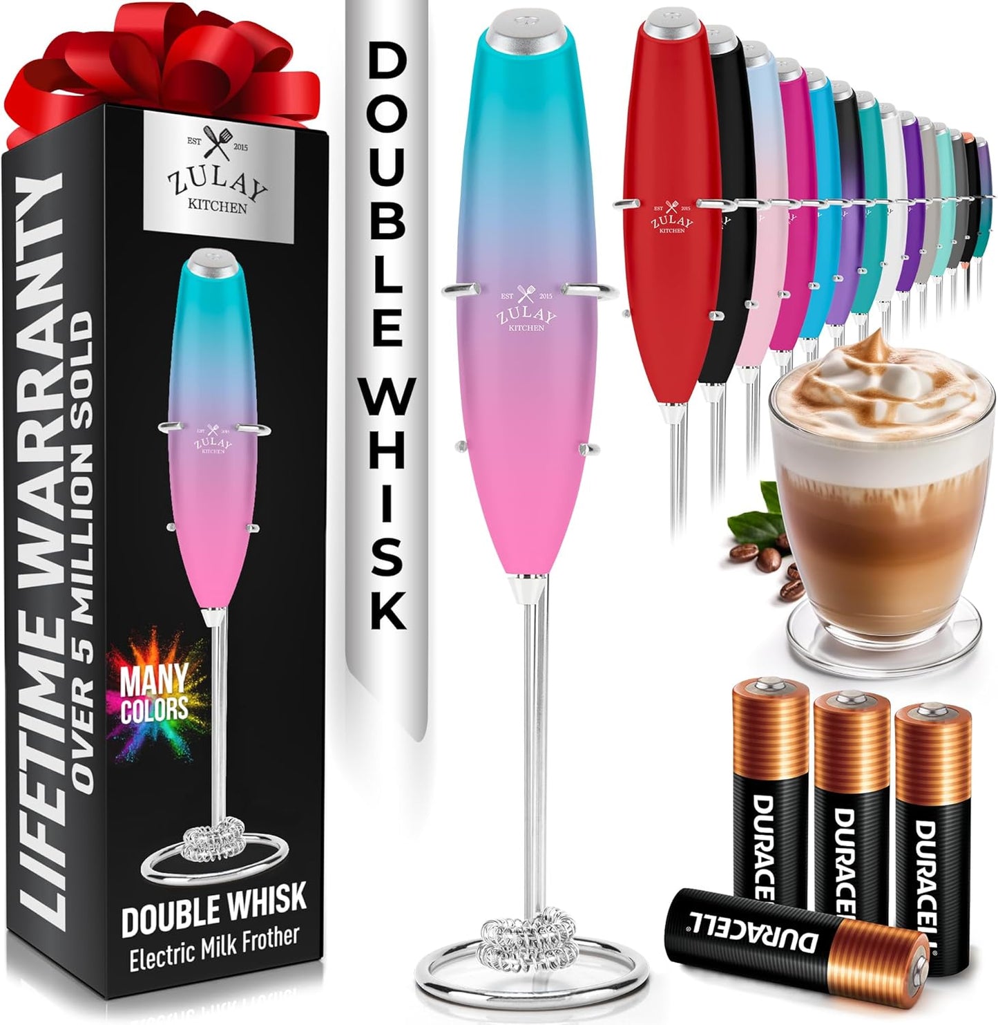 Powerful Milk Frother Wand with 2 Duracell Batteries - Ultra Fast Handheld Drink Mixer - Electric Whisk Foam Maker for Coffee, Lattes, Cappuccino, Matcha, Hot Chocolate & Creamer - Black