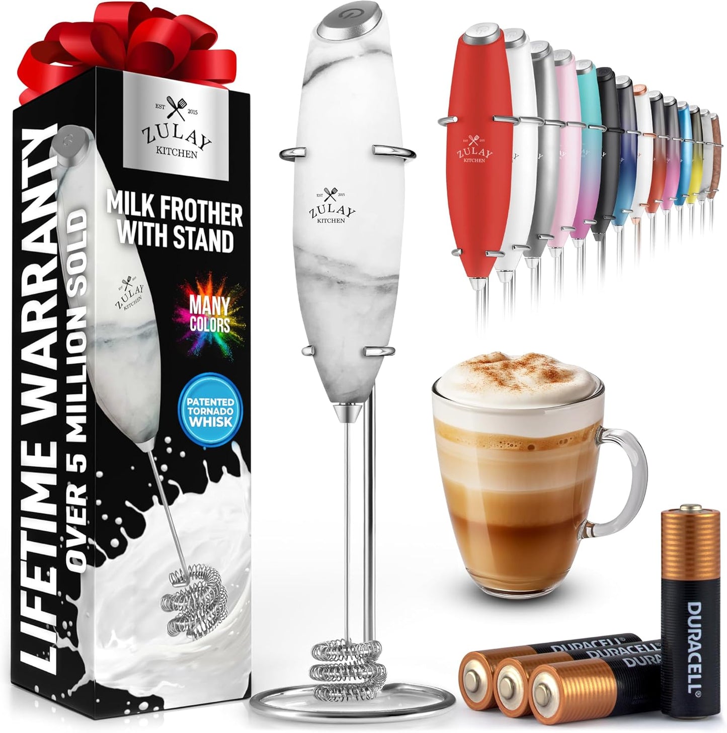 Powerful Milk Frother Wand with 2 Duracell Batteries - Ultra Fast Handheld Drink Mixer - Electric Whisk Foam Maker for Coffee, Lattes, Cappuccino, Matcha, Hot Chocolate & Creamer - Black