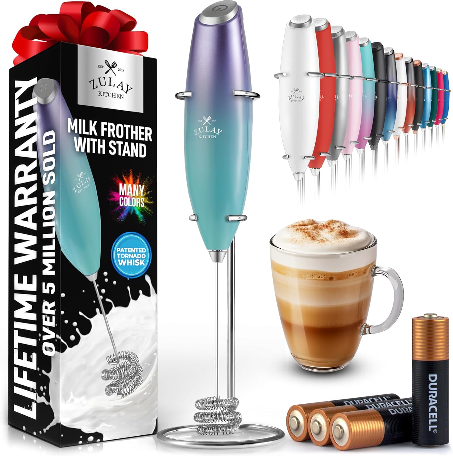 Powerful Milk Frother Wand with 2 Duracell Batteries - Ultra Fast Handheld Drink Mixer - Electric Whisk Foam Maker for Coffee, Lattes, Cappuccino, Matcha, Hot Chocolate & Creamer - Black