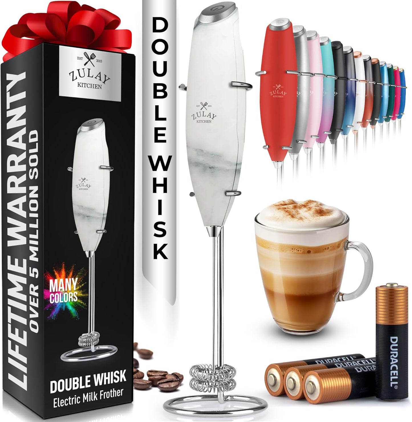 Powerful Milk Frother Wand with 2 Duracell Batteries - Ultra Fast Handheld Drink Mixer - Electric Whisk Foam Maker for Coffee, Lattes, Cappuccino, Matcha, Hot Chocolate & Creamer - Black