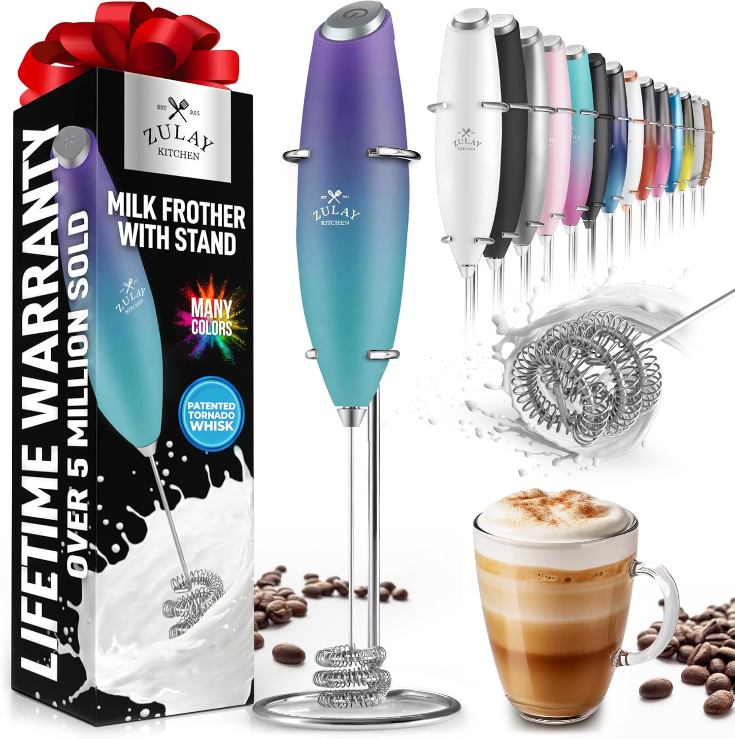 Powerful Milk Frother Wand with 2 Duracell Batteries - Ultra Fast Handheld Drink Mixer - Electric Whisk Foam Maker for Coffee, Lattes, Cappuccino, Matcha, Hot Chocolate & Creamer - Black