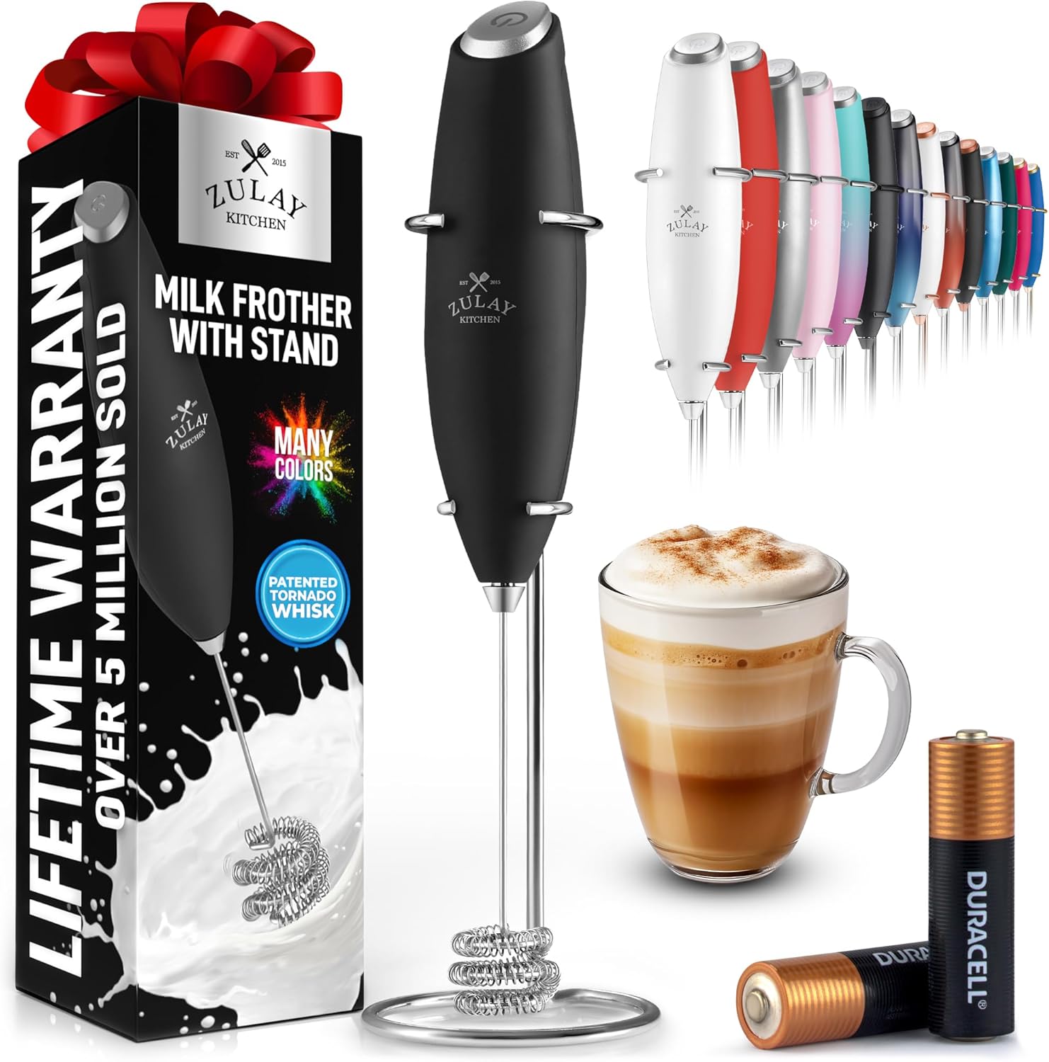 Powerful Milk Frother Wand with 2 Duracell Batteries - Ultra Fast Handheld Drink Mixer - Electric Whisk Foam Maker for Coffee, Lattes, Cappuccino, Matcha, Hot Chocolate & Creamer - Black