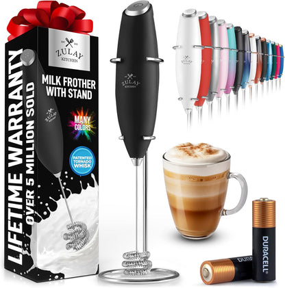 Powerful Milk Frother Wand with 2 Duracell Batteries - Ultra Fast Handheld Drink Mixer - Electric Whisk Foam Maker for Coffee, Lattes, Cappuccino, Matcha, Hot Chocolate & Creamer - Black
