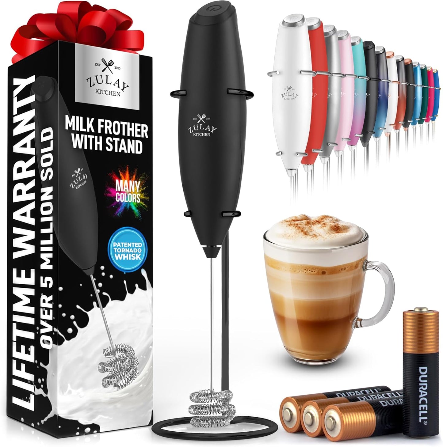 Powerful Milk Frother Wand with 2 Duracell Batteries - Ultra Fast Handheld Drink Mixer - Electric Whisk Foam Maker for Coffee, Lattes, Cappuccino, Matcha, Hot Chocolate & Creamer - Black